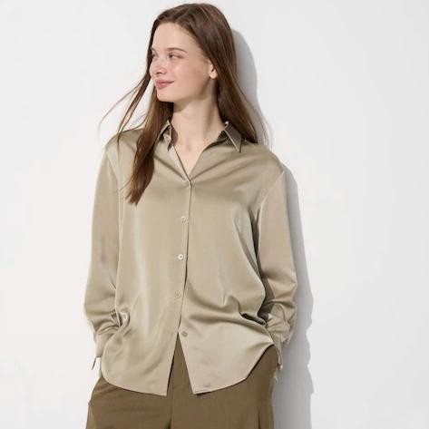 UNIQLO Women Blouse Kemeja Blus Satin Wanita Lengan Panjang Beige