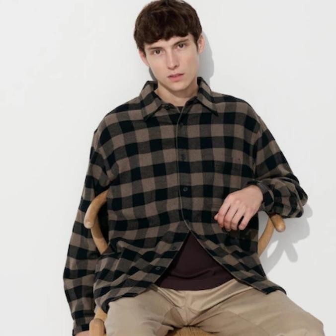UNIQLO Shirt Men Kemeja Pria Flannel Kotak Lengan Panjang Dark Brown