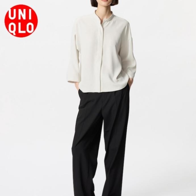 Kemeja Blouse Blus Drape Putih Hitam Polos Lengan Panjang 3/4 Wanita UNIQLO ORIGINAL