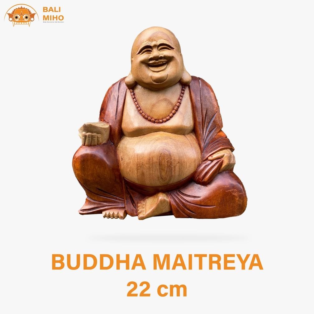 Living Patung Buddha Maitreya 22 Cm - Patung Buddha Kayu - Patung Kayu - Patung Buddha Maitreya Kayu