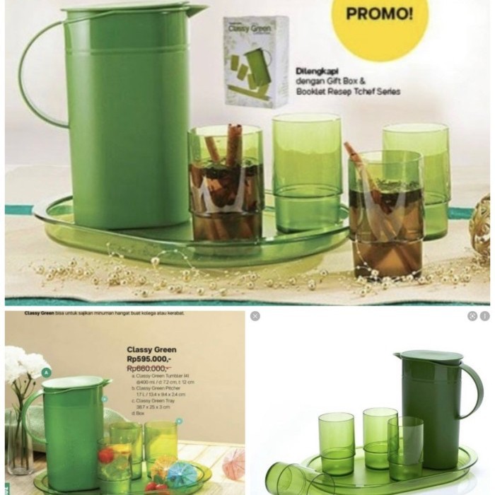 PREMIUM Teko air gelas set & nampan Tupperware Classy Green