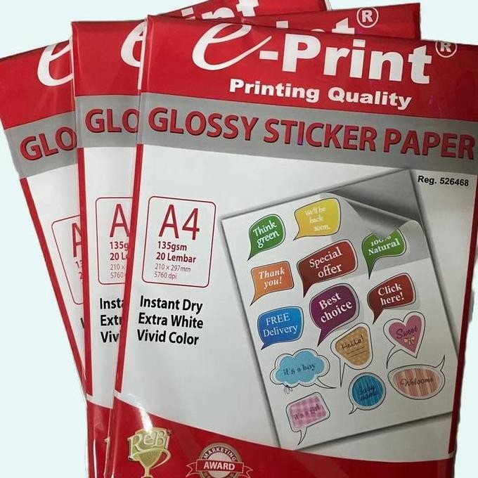 

Glossy Sticker Paper E-Print A4 135Gsm 20Lembar Kertas Stiker Putih Polos Printer Stationery Promo