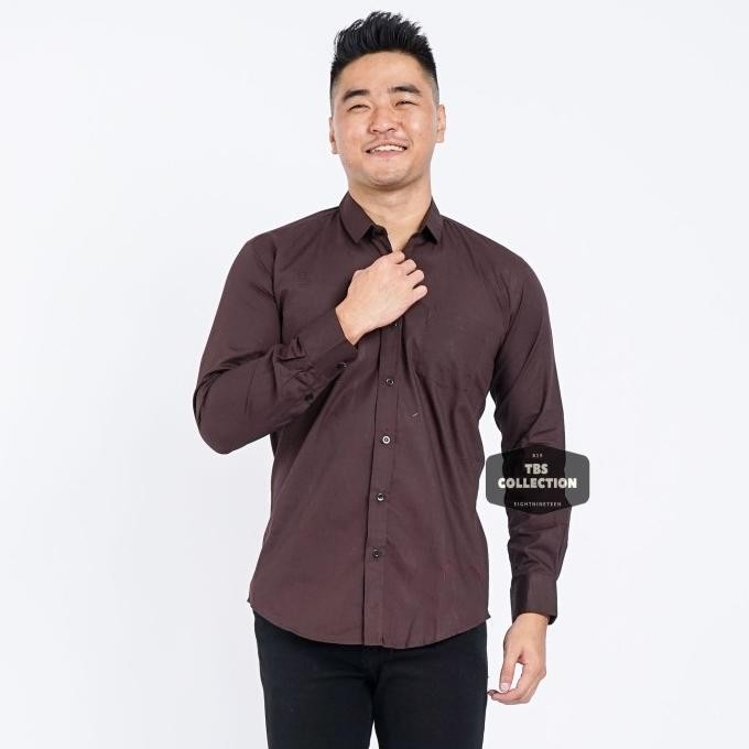 Promo Baju Hem Kemeja Lengan Panjang Pria Coklat Dark Brown Polos Cowok 3242