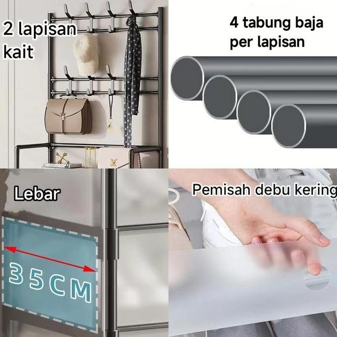 Rak Topi Sepatu Rak sepatu tahan debu Serbaguna Rak sepatu lantai lantai Gantungan tas pakaian H24S