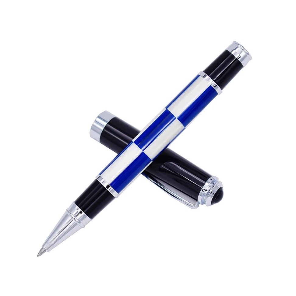 

Fuliwen Celluloid Rollerball Pen With Smooth Refill, Blue & White Squares Pattern Writing Pen For Office , School