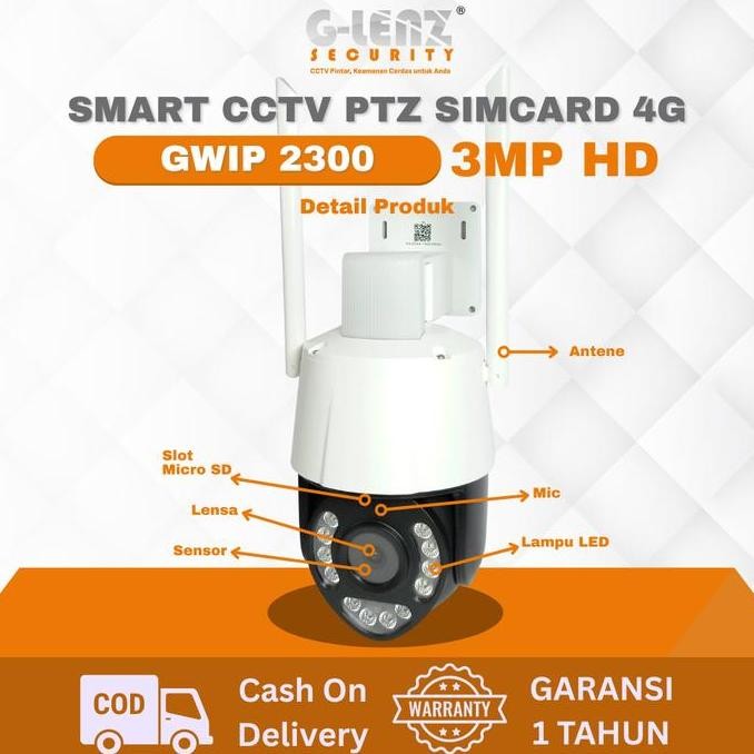 GLENZ CCTV Sim Card 4G GWIP 2300 HD 3MP | Kamera Smart CCTV PTZ Sim Card 4G Full Color Night Vision 