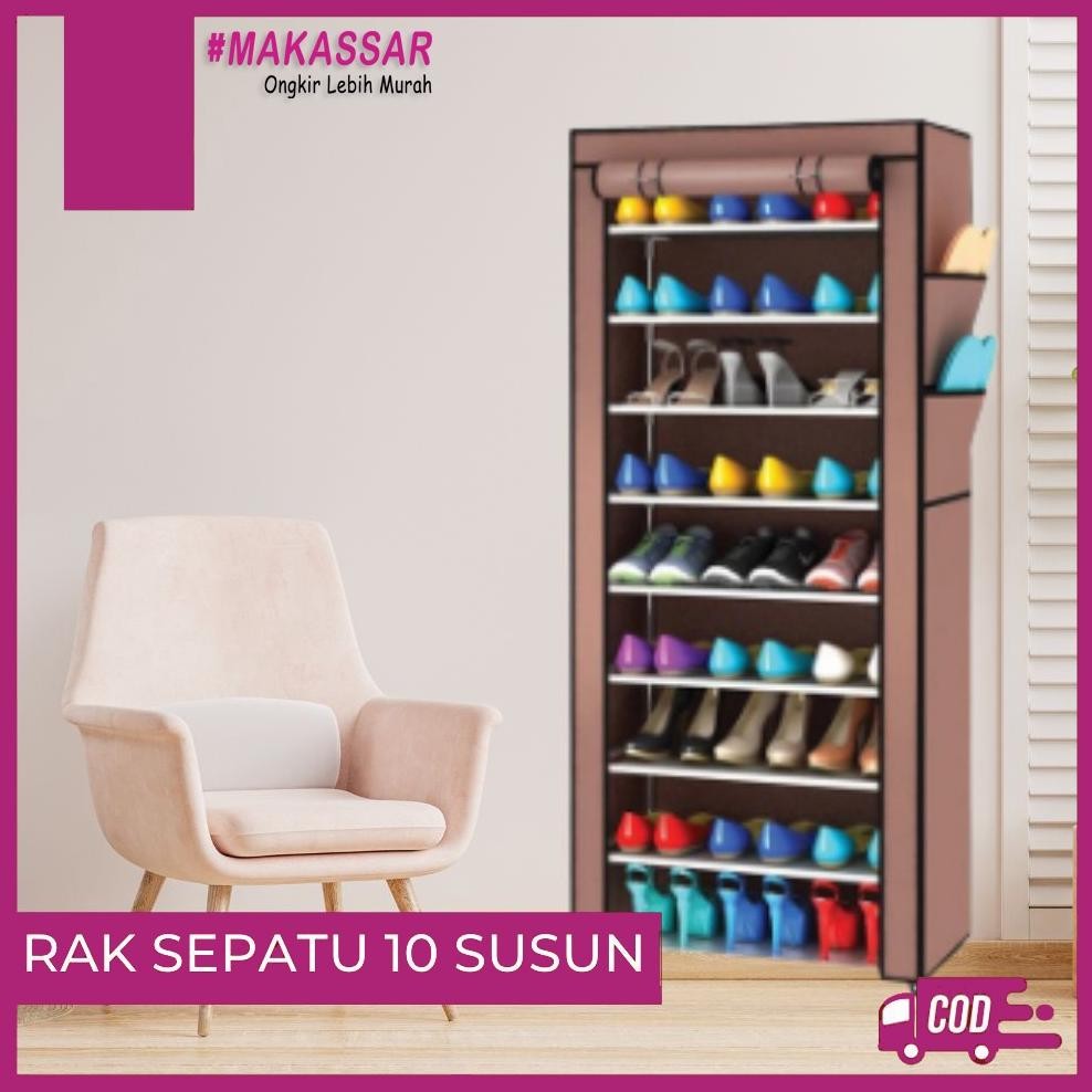 RAK SEPATU 10 SUSUN ( 9 SEKAT ) BONGKAR PASANG DENGAN COVER + RESLETING RAK BAJU TAS SERBAGUNA