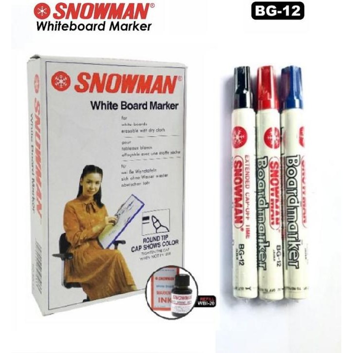 

Spidol Whiteboard Papan Tulis Snowman BG-12 Marker WARNA HITAM, BIRU, MERAH (BISA DIHAPUS) isi 12pcs /Perbox