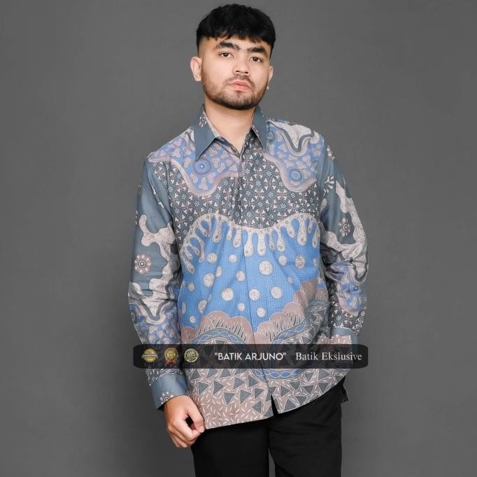 KEMEJA BAJU BATIK PRIA LAPIS FURING LENGAN PANJANG KAWUNG BIRU WARDAH TERMURAH