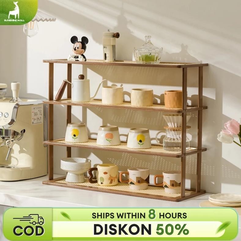Rak Meja Rak Gelas Bambu Rak Penyimpanan Dapur Ruang Tamu dengan Dekorasi Tanaman Multifungsi