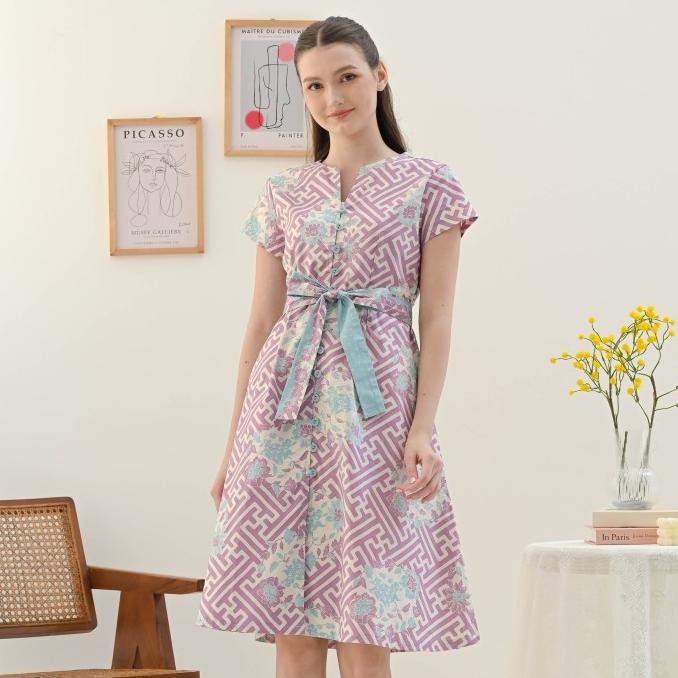 Promo Dress Batik Wanita Motif Bunga / Baju Batik Kantor Warna Pastel - 303 WIK Lilac
