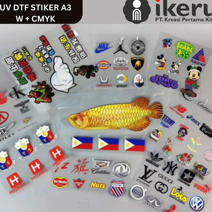 

ready STIKER UV DTF CUSTOM A3 FULL COLOR W+CMYK TIMBUL 3D murah