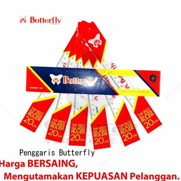 

tyS Penggaris Plastik Buterfly 20 cm Per Lusin / Mika Glass Ruller ButterFly / Alat ukur panjang 20 centimeter 1 Pak