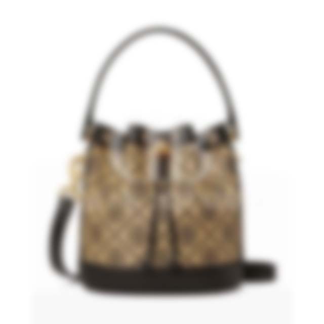 T Monogram Raffia Bucket Bag - Black