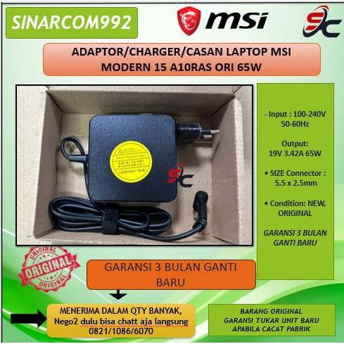 Adaptor/Charger/Casan Laptop Msi Modern 15 A10Ras Ori 65W New Stok