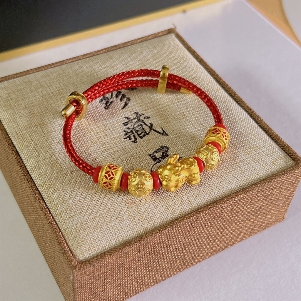 ​​Alluvial Gold Pi Xiu Bracelet Female Red Rope Lucky Copper Coin Beads Carrying Strap