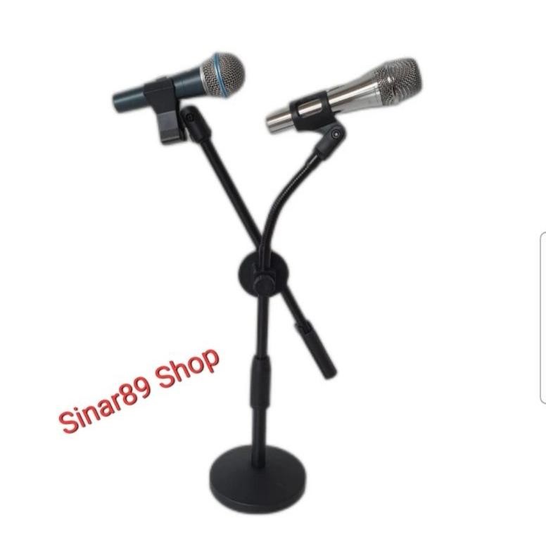 ready  Tiang Mic Meja / Stand Mic Meja / Tripod Mic Meja Double Mic Spiral, Full Besi.