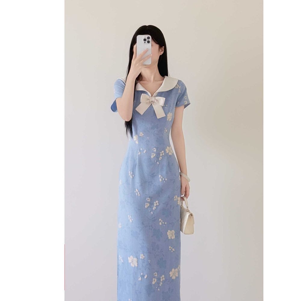 Cheongsam Wanita Gaya Cina Baru Biru Vintage Tingkat Tinggi