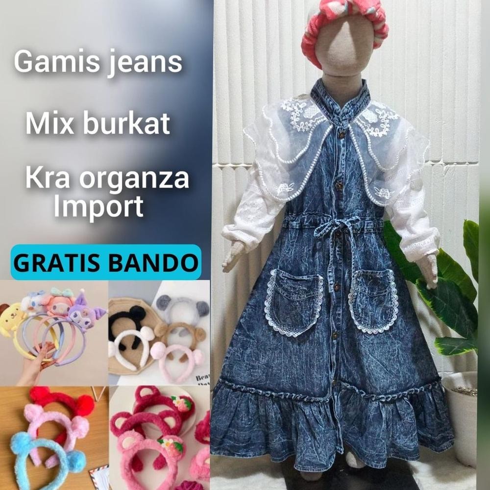 ( FREE BANDO KARAKTER ) GAMIS KODOK LEBARAN ANAK PEREMPUAN FULL JEANS KERAH LENGAN BRUKAT BORDIR KUP
