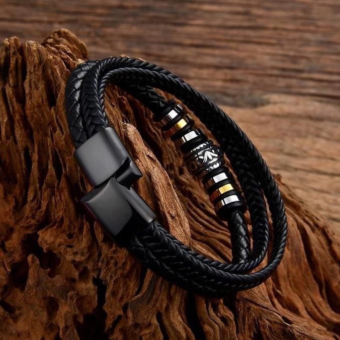 3IN1 Gelang Kulit GEOMETRI Emas Gelang Pria Gelang Vintage Multiplayer 3IN1 Gelang