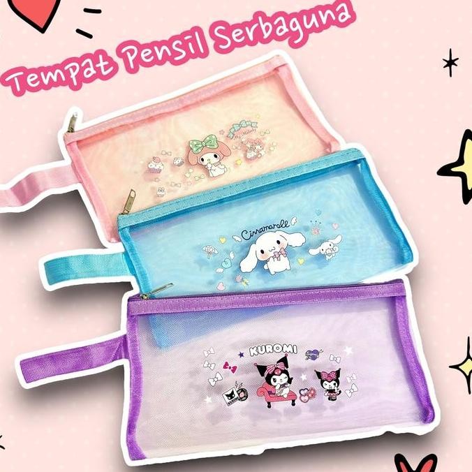 

ASB KP04 Tempat Pensil Jaring Anak Sanrio Kuromi My Melody Cinamorol kotak pensil Pouch jaring bening serbaguna
