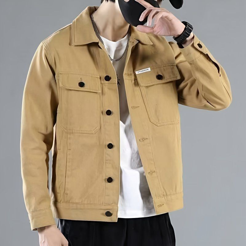 Jaket Denim Khaki untuk Pria, Jaket Denim Gaya Korea Trendi Sederhana