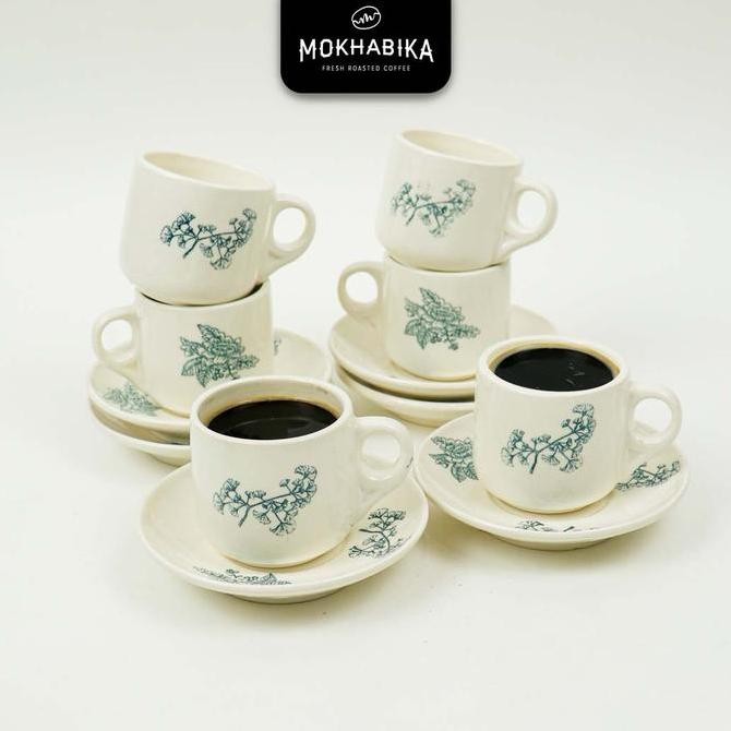 langsung order saja] Cangkir KopiTiam Keramik Set Motif Jadul Gelas dan Saucer