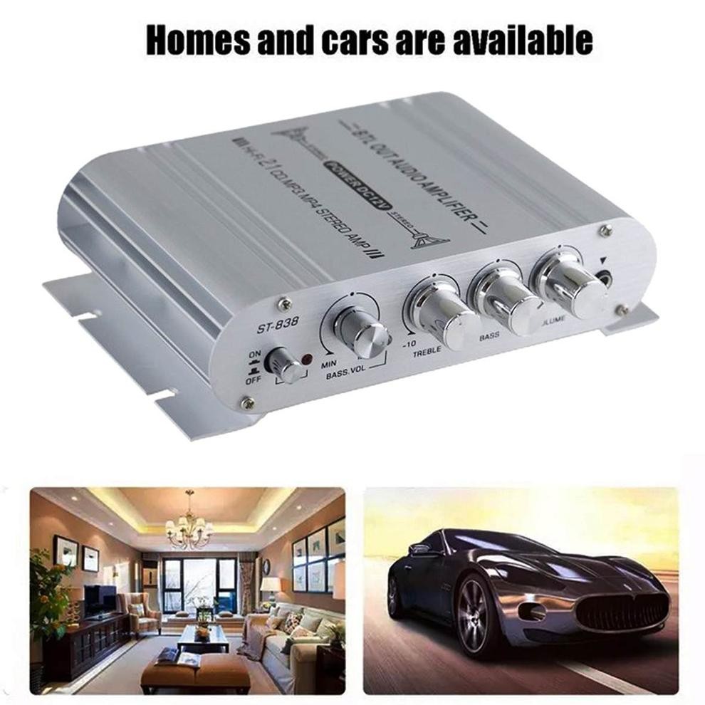 Amplifier Mini - Amplifier mobil - Mini HiFi Stereo Amplifier Treble Bass Booster - ST-838 - Silver