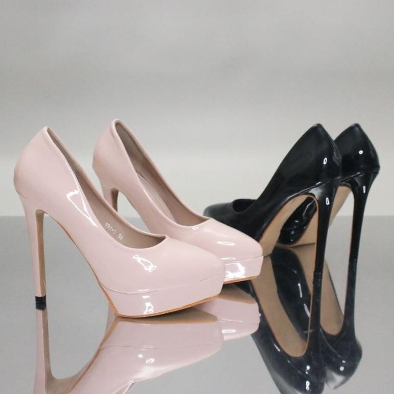 YKshoes 1796 heels 12cm pump pantofel stiletto heels ketutup heels pink hitam black sintetis glosy p