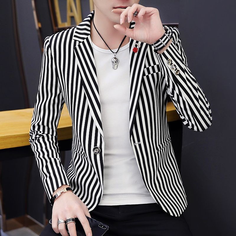 Setelan Jas Pria Gaya Korea, Setelan Jas Bergaris Slim-Fit Anak Muda/Mantel/Setelan