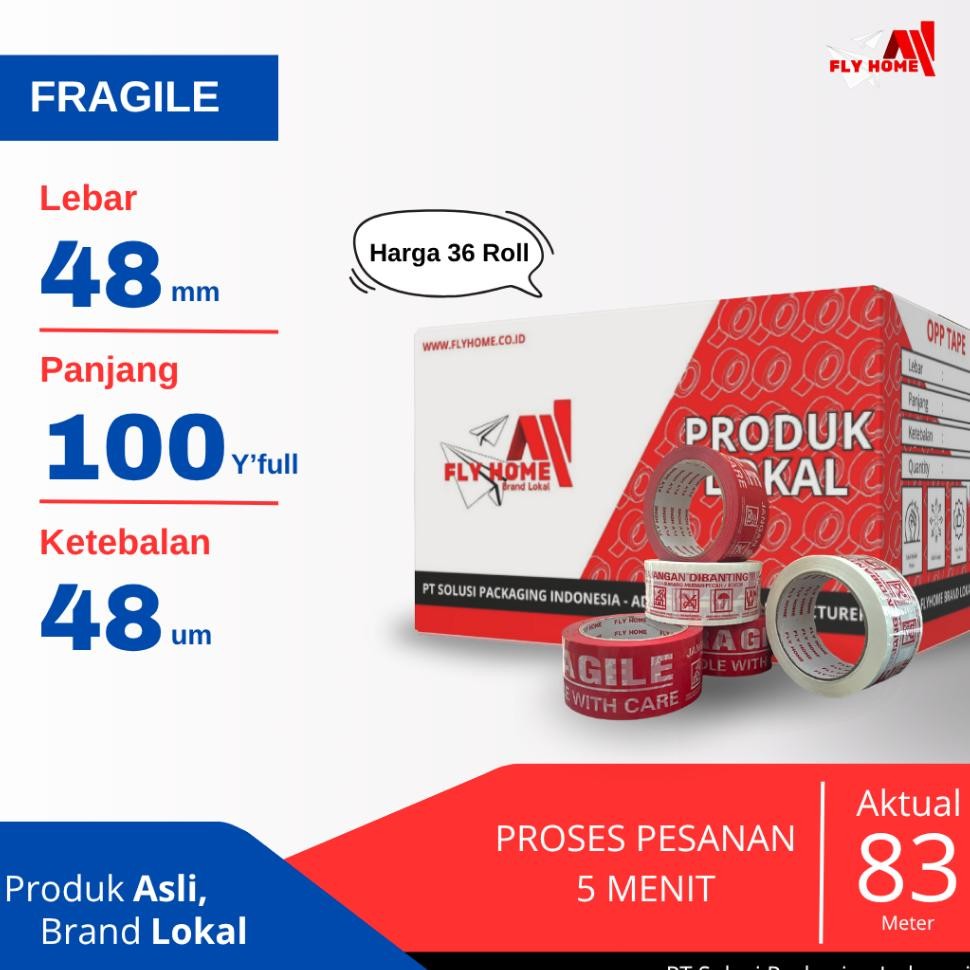 

Flyhome Laban Fragile Merah Putih 100Yard 2Inci 48100 Yard 36Roll Printing Egel
