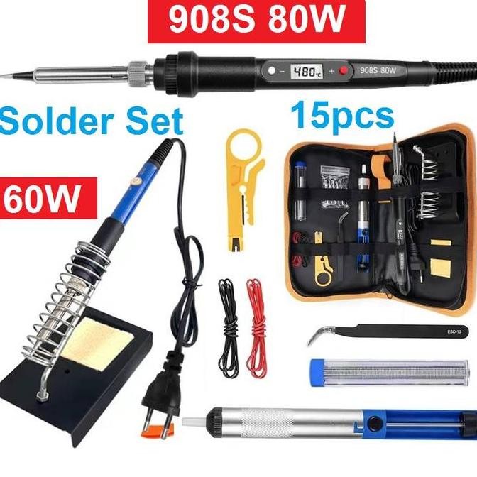 Solder Listrik Set Tas 15 Pcs Lengkap Iron Tool Kit 220V 60W/Solder Listrik Murah Paket Penyedot Pen