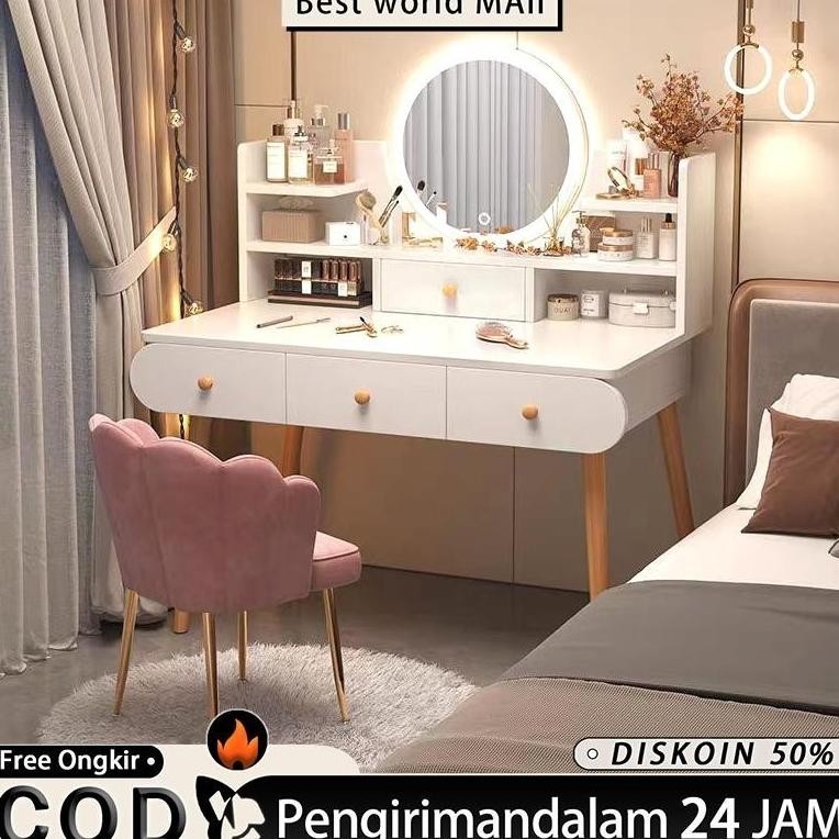 Meja Rias Meja Putih Minimalis Meja Kosmetik Minimalis Mini Modern Lampu LEDKompensasi Kerusakan Pen