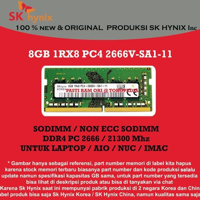 Ram Sodimm 8Gb Ddr4 Pc 2666 / 21300 Mhz Sk Hynix 1Rx8 For Nb / Laptop