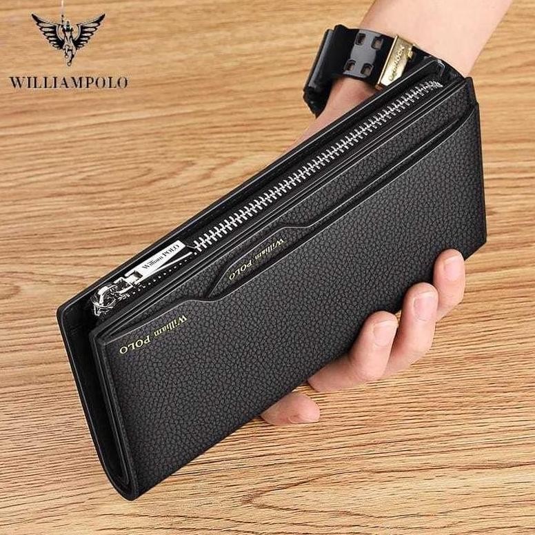 WilliamPolo Gaya Baru Fashion Pria Dompet Kulit Asli Kapasitas Tinggi Merek Ritsleting Tas Long
