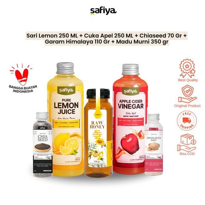 

BARU SAFIYA PAKET KOMPLIT 5IN1 CUKA APEL 250 ML + SARI LEMON 250 ML + CHIASEED+ GARAM HIMALAYA + MADU MURNI