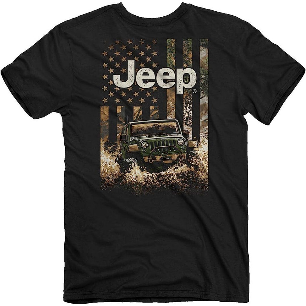 Baju Kaos Jeep Freedom Outdoors Men's Short Sleeve, Black | American Flag, Wrangler Rubicon DesignT-