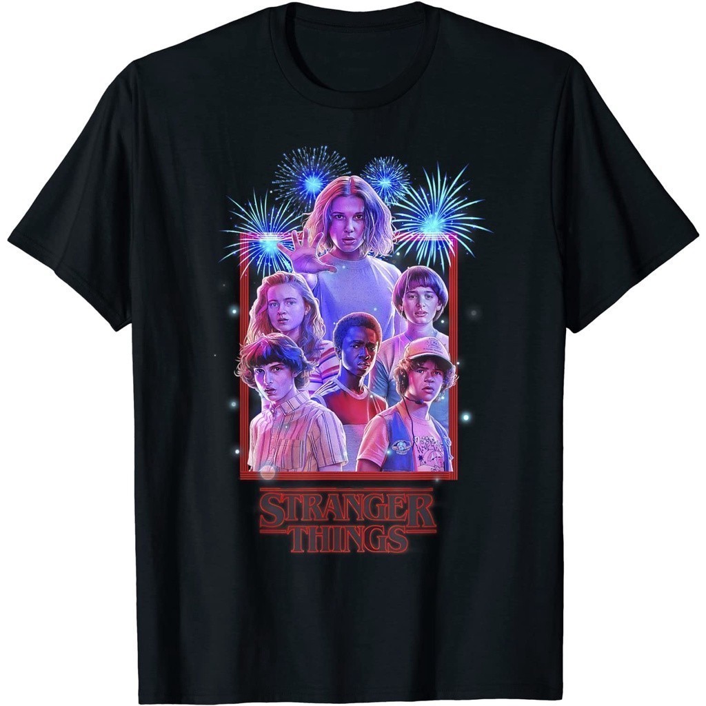 Baju Kaos Netflix Stranger Things Group Shot Fireworks Poster T-Shirt Premium Cotton Combed 24s Orig