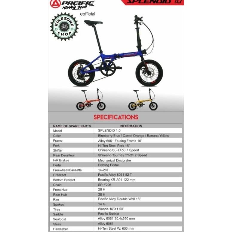 Sepeda Lipat 16  inch Alloy  Exotic Explore 300 8 speed Explore 10.0 Hydraulic 10 speed Pacific Sple