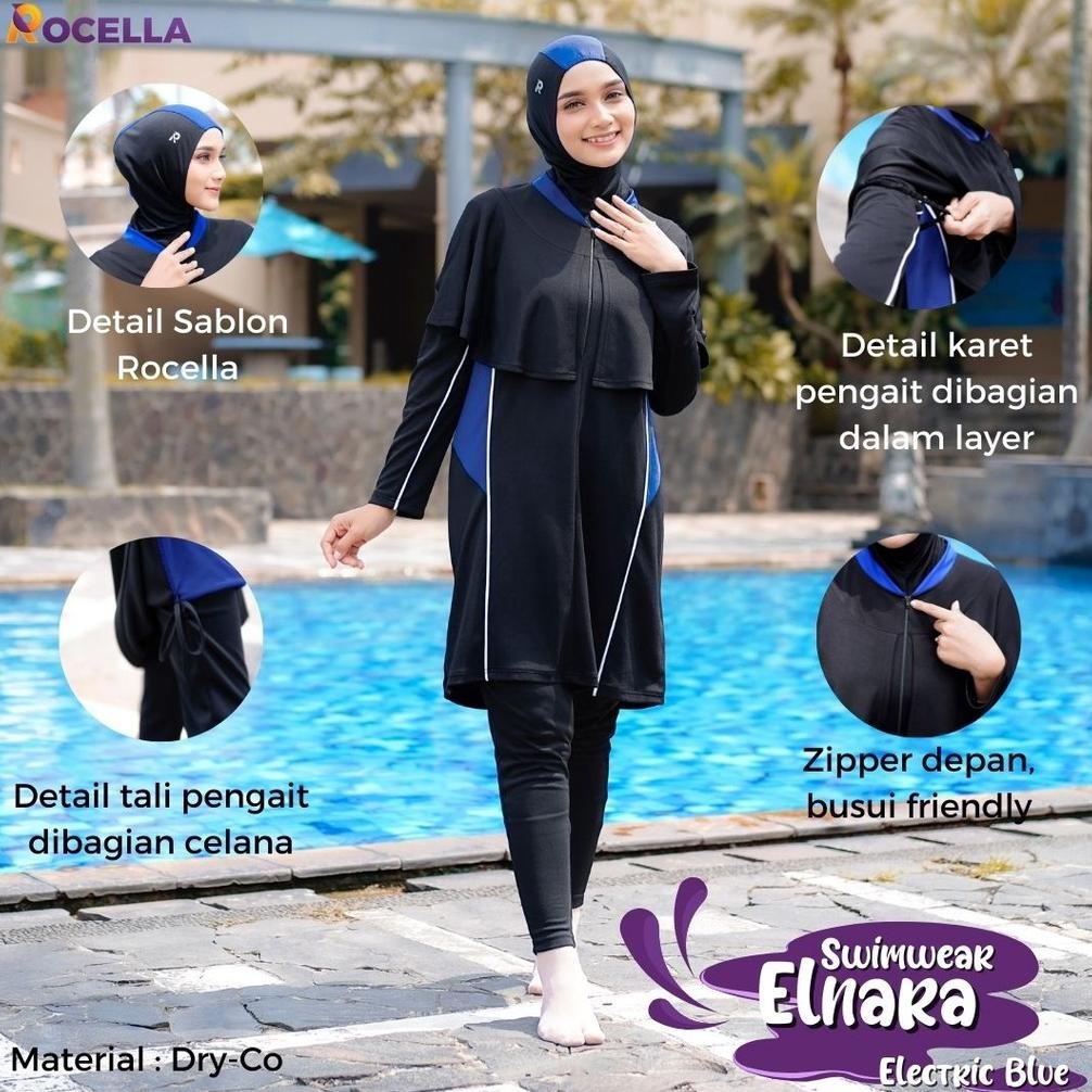 Ready Swimwear Elnara Original Baju Renang Wanita Muslimah Syar'I Pakaian Renang Dewasa Warna Hitam 
