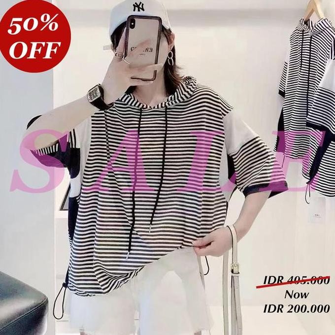 Kaos Hoodie Garis Hitam Putih Panel Polos Oversize Korea ~ Defect Sale Promo