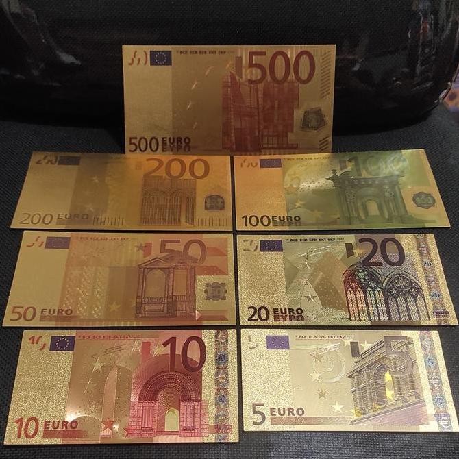 TERMURAH - Set 7 Pcs Souvenir Uang Emas Gold Foil EURO Eropa Lengkap Motif Warna