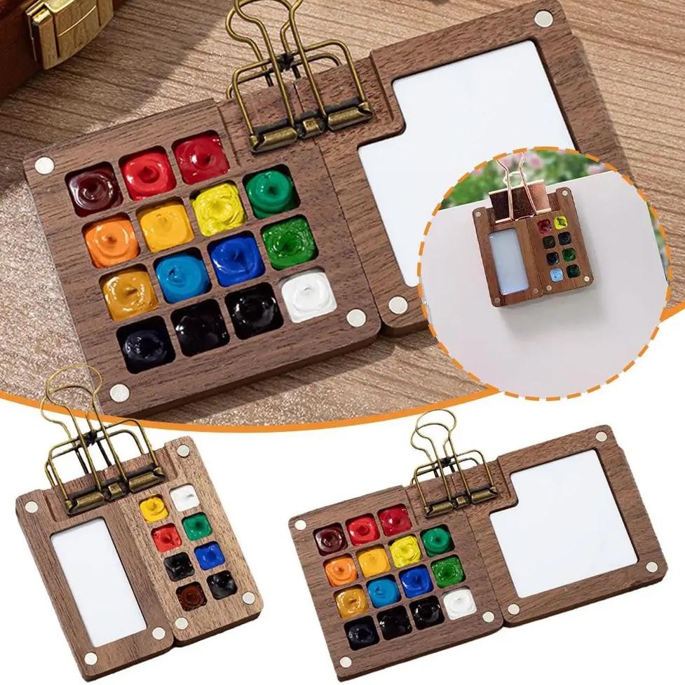 

8/15 Grid Portable Sketchbook Palette, Mini Walnut Wood Color Palette Box Travel Watercolor Case For Drawing(Without Colors)