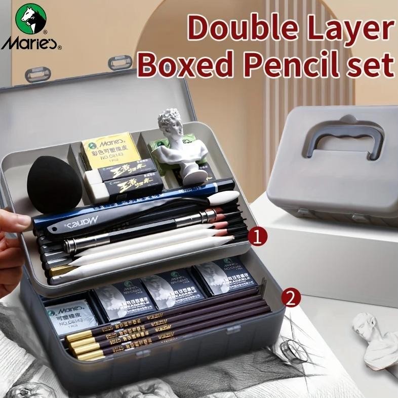 

Marie'S 23/27Pcs Pencil Set With Double Layer Box With Charcoal Graphite,Pencils,Erasers,Knife,For Painting,Writing For Adults