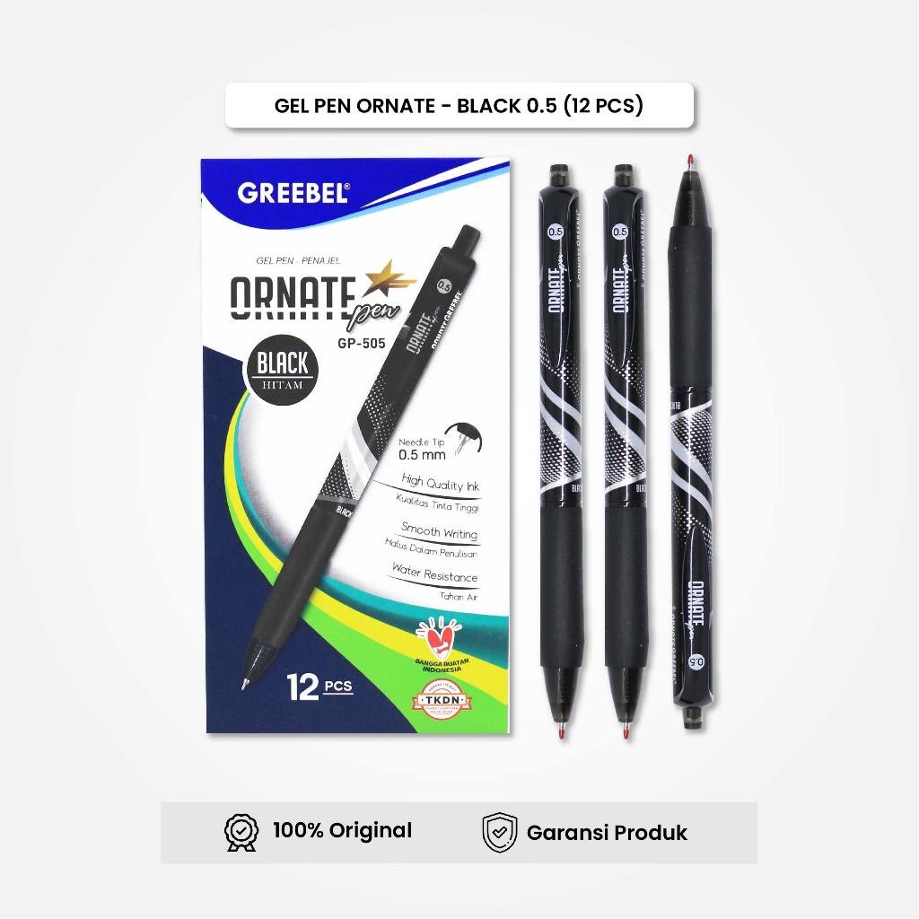 

GREEBEL Gel Pen Pulpen Pena GP-505 (12PCS\SET) Ornate 0.5 Hitam / Pulpen Gel Murah Grosir