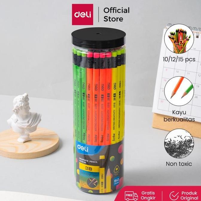 

Termurah Deli EU51806 Grafit Pensil Kayu 50 Pcs/Tube 4 Warna dengan penghapus