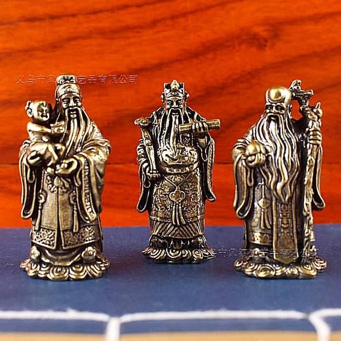 Promo Patung Dewa Keberuntungan Fu Lu Shou Bahan Logam Kuningan 1 Set