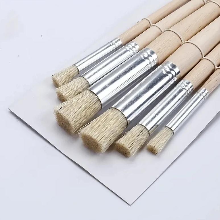 

Set Of 6 Stencil Paint Brushes With Bristle Hair And Wooden Handles, Ideal For Diy Crafts Including Watercolor, Oil, And Acrylic