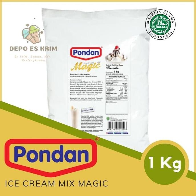 

HIW PONDAN Magic Ice Cream 1 Kg ( Bubuk / Bahan / Tepung Es Krim Bulky 1Kg