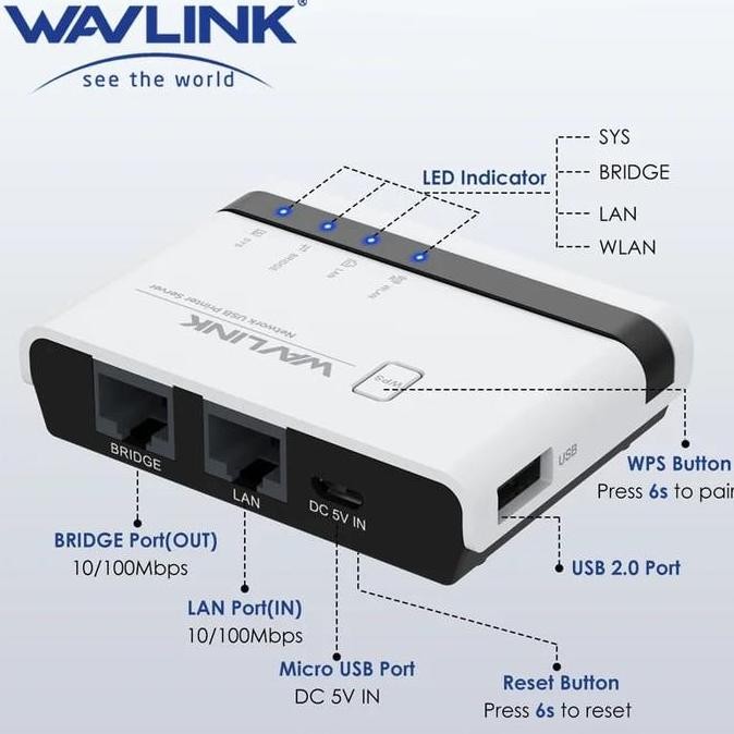 WAVLINK WL-NU516U1 WIRELES USB PRINT SERVER WIFI 2.4G 10/100Mbps